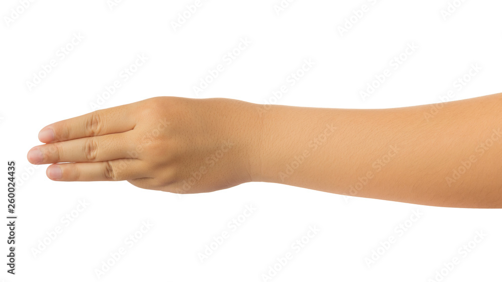 Human hand in reach out one's hand and counting number three fingers gesture isolate on white background with clipping path, High resolution and low contrast for retouch or graphic design Human hand in reach out one's hand and counting number three fingers gesture isolate on white background with clipping path, High resolution and low contrast for retouch or graphic design