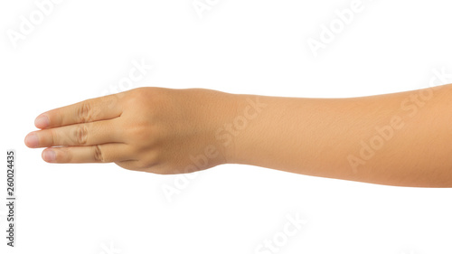 Human hand in reach out one's hand and counting number three fingers gesture isolate on white background with clipping path, High resolution and low contrast for retouch or graphic design