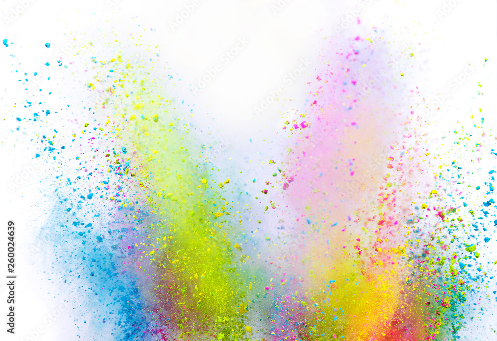 Colored powder explosion on white background.