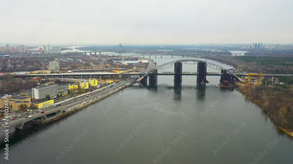 Drone flying towards a newly built bridge in Kiev´s industrial area. Drone flying towards a newly built bridge in Kiev´s industrial area.