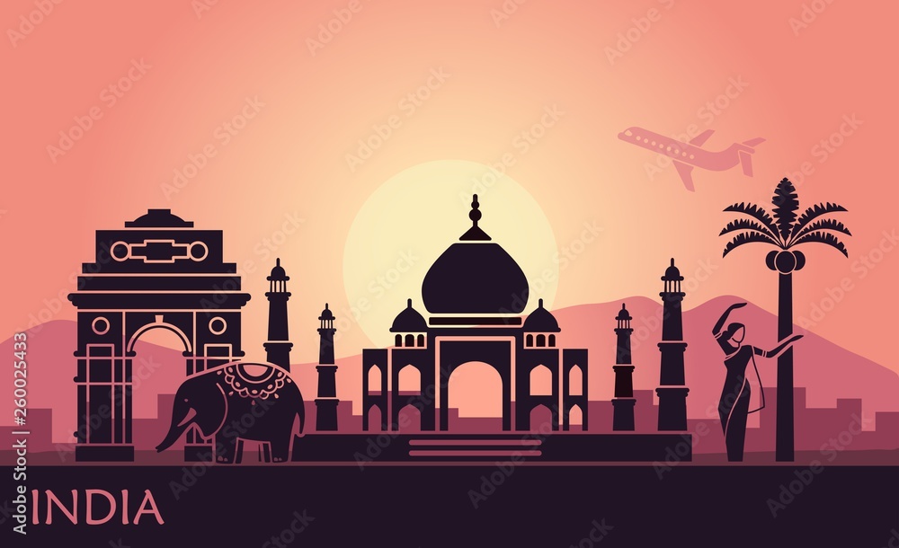 Φωτογραφία Abstract landscape with the sights of India and a dancing woman