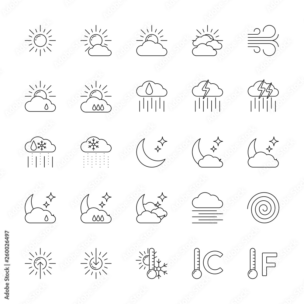 Weather forecast line icons set. 25 symbols isolated on white background. Vector illustration EPS10.