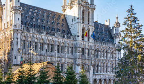 The Brussels Town Hall with Christmas tree and market in front. This Gothic building is located on the famous Grand Place in Brussels and is considered a masterpiece of Brabantine Gothic.