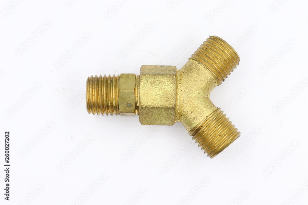 Brass fittings 3 Ways adapter coupling union thread isolated on white background Brass fittings 3 Ways adapter coupling union thread isolated on white background