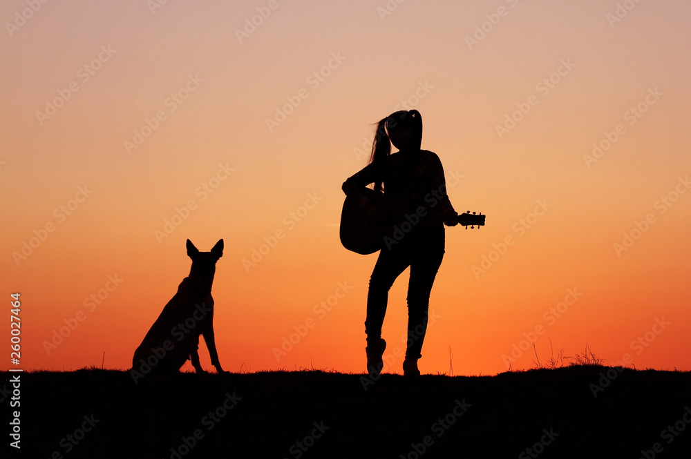 Silhouette girl guitarist on sunset background, silhouette of a dog breed Belgian Shepherd Malinois, happy friends, outdoor
