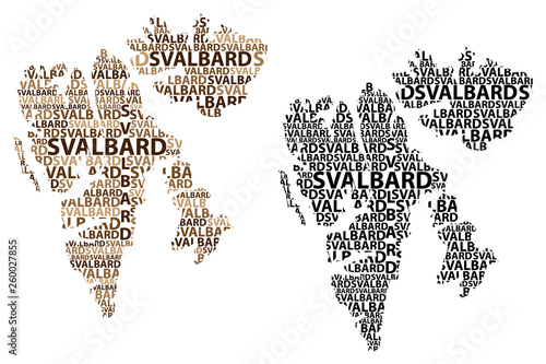 Sketch Svalbard letter text map, Svalbard (Kingdom of Norway,  Norwegian archipelago) - in the shape of the continent, Map Spitsbergen, Nordaustlandet and Edgeoya - black and brown vector illustration photo