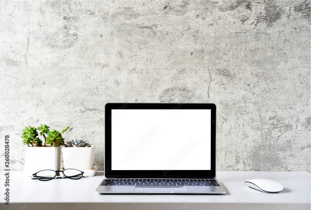 Fototapeta premium blank screen Modern laptop computer with mouse,Smart phone and Succulent on wood table in office view backgrounds