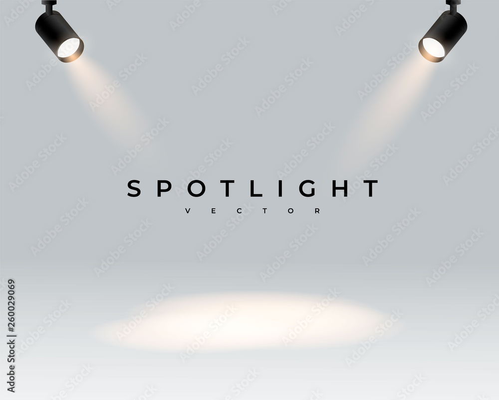 Two modern spotlights realistic transparent background for show contest or interview.Illuminated effect form projector, projector for studio. Minimalistic lamp. Place. vector illustration eps 10 - obrazy, fototapety, plakaty 