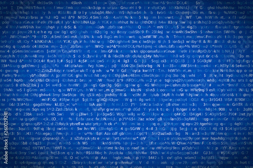 Abstract complicated crypto symbols on blue, data encryption binary code concept