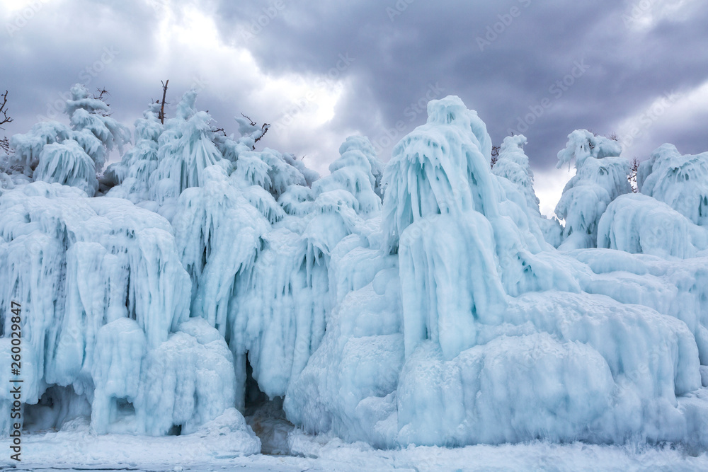 Trees covered with ice. Lake Baikal. Russia
