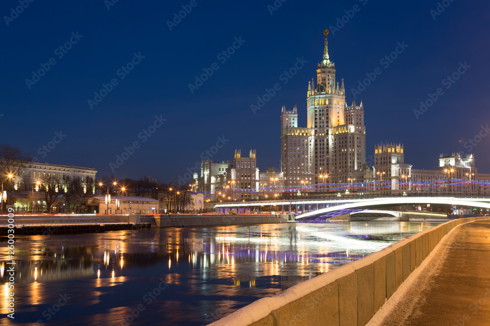 One of seven Stalin skyscrapers: the high-rise building on Kotelnicheskaya Embankment in night, Moscow