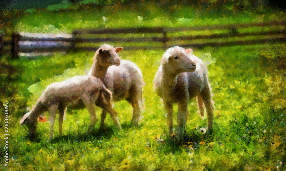 Little lambs grazing on a beautiful green meadow with dandelion. Computer painting effect. Little lambs grazing on a beautiful green meadow with dandelion. Computer painting effect.