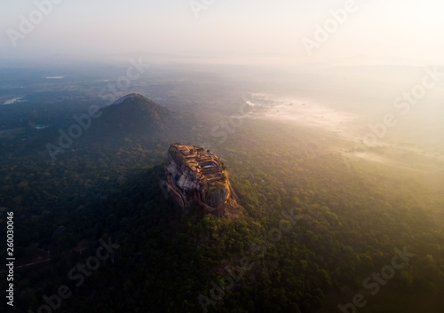 Sunrise over Sigiriya rock fortress in Sri Lanka aerial view
