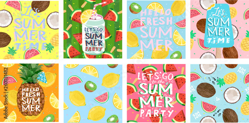 Hello summer! Posters for a fun club party. Set of cute vector illustrations of ice cream, tropical fruits, soda, pineapple, lemon, coconut, watermelon, cocktail for background, card, cover or banner.