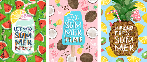 Hello summer! Posters for a fun club party. Set of cute vector illustrations of ice cream, tropical fruits, soda, pineapple, lemon, coconut, watermelon, cocktail for background, card, cover or banner.