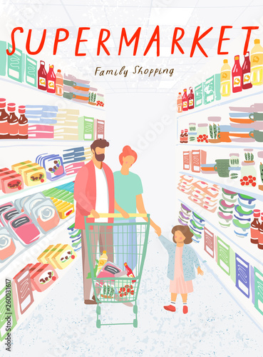Family shopping in the supermarket. Cute vector illustration of a family walking around a store with a shopping trolley. Mother, father and child with products on sale. Drawing by hand for a poster