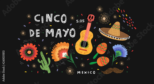Cinco de Mayo! Set of vector illustrations for a mexican holiday for banner, card, cover, poster or party flyer. Drawings of guitar, sombrero, maracas, cactus and flowers