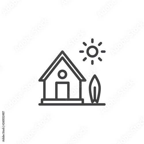 Country house with tree and sun line icon. Home linear style sign for mobile concept and web design. Farm House outline vector icon. Symbol, logo illustration. Pixel perfect vector graphics