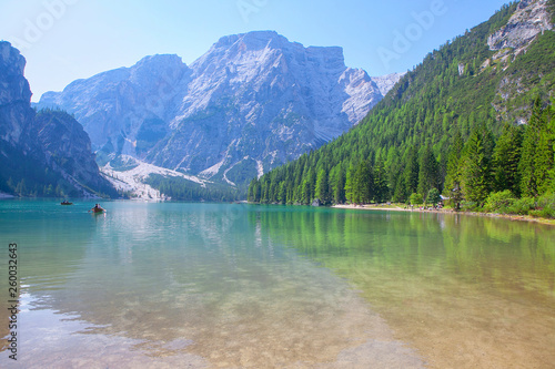Braies lake nature , landscape with mountains and forest 