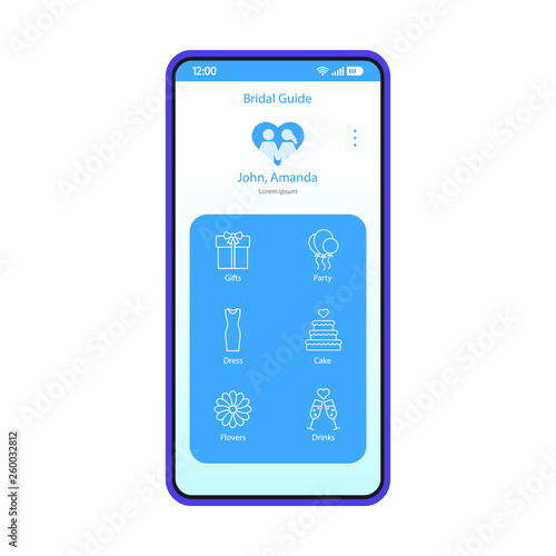 Wedding planner smartphone app interface vector template