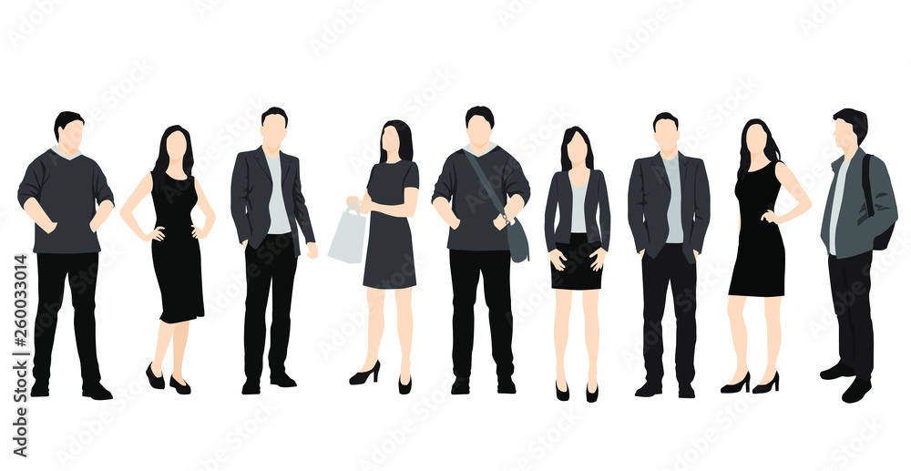 Set of silhouettes of men and women standing in different poses, cartoon character, group of business people, vector illustration, flat designe icon, multicolored isolated on white 