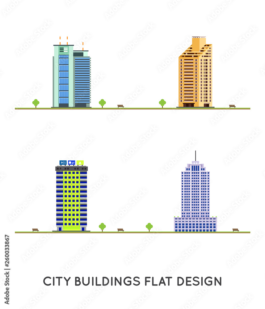Vector Flat design of retro and modern city houses. Old buildings, skyscrapers.