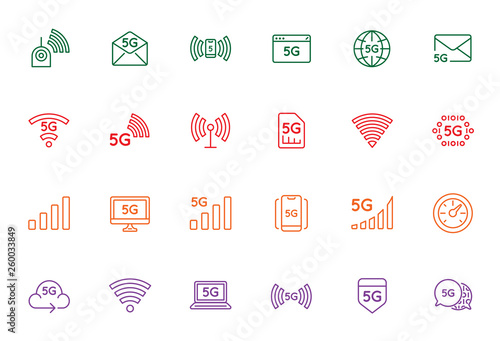 Simple line stroke vector icon set,new 5th generation mobile network 5G, high speed connection wireless systems.