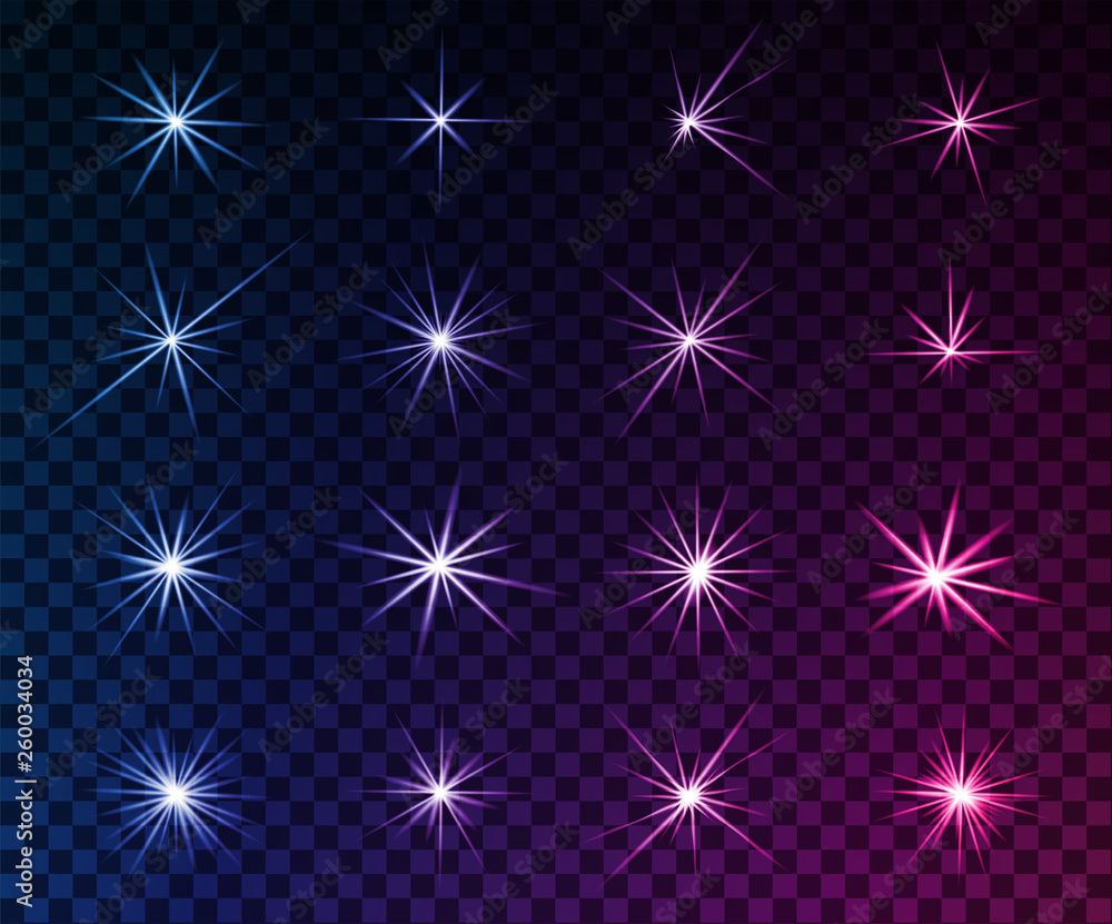 Set of Glowing light effects. Sparkles. Shining stars, bright flashes of lights with a radiating. Transparent light effects in vector. Set of Glowing light effects. Sparkles. Shining stars, bright flashes of lights with a radiating. Transparent light effects in vector.