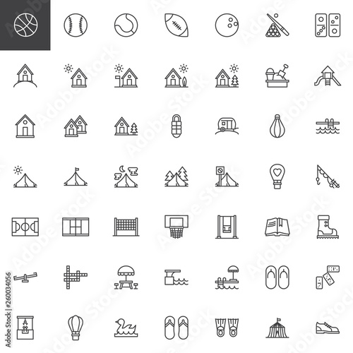 Recreation line icons set. linear style symbols collection, outline signs pack. vector graphics. Set includes icons as sport balls, camping house, caravan car, forest, swimming pool, summer vacation