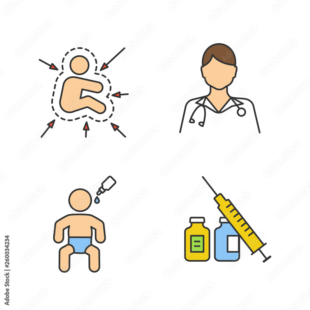 Kids vaccination and immunization color icons set Kids vaccination and immunization color icons set