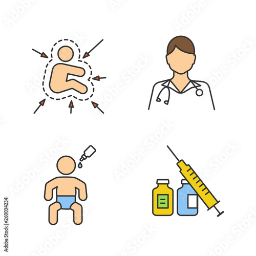 Kids vaccination and immunization color icons set