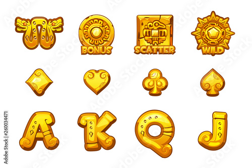 Cartoon MAYA Slots golden icons. Ancient Mexican mythology Vector symbols. Game casino, slot, UI. Set Icons on separate layers.