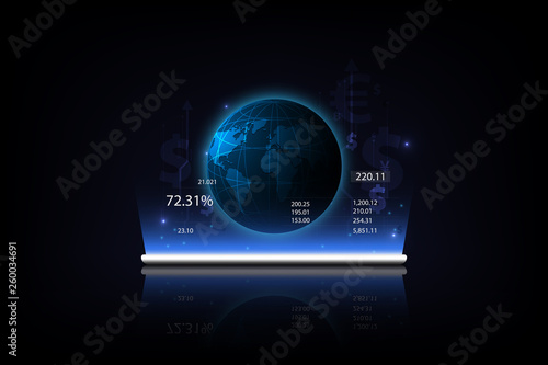 tablet showing a growing virtual hologram of statistics, graph . and Money transfer. Global Currency. Stock Exchange. International currency transfer, payment via smartphone.  Vector illustration