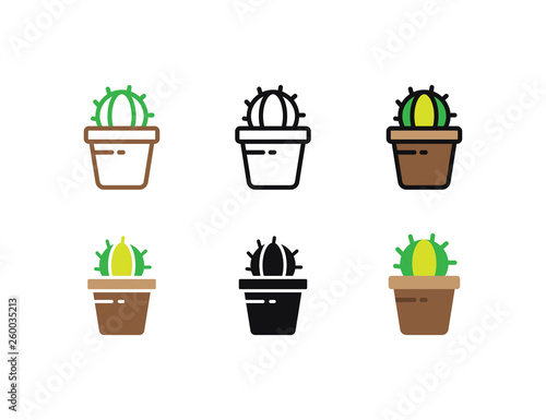 Set floral plants and blooming cactus in pots isolated with line, flat and glyph icon styles on white background. vector illustration