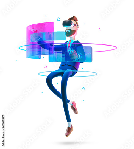 Fototapeta Naklejka Na Ścianę i Meble -  3d illustration. Businessman Billy using virtual reality glasses and touching vr interface.
