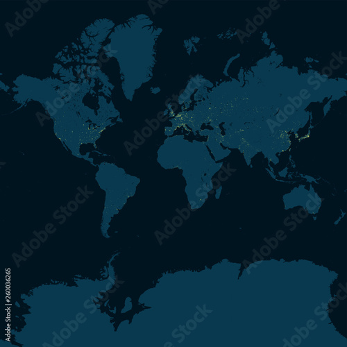 World map, planisphere with prominent urban areas. Night view of the earth. Satellite view of the cities illuminated in the night