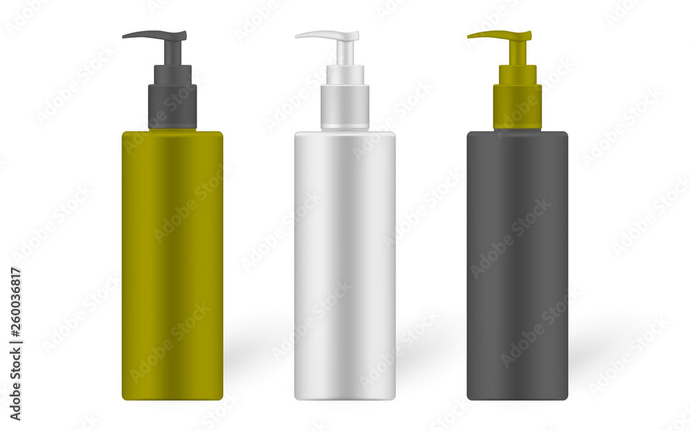 Cosmetic bottle with dispenser set, realistic mockup. Beauty product white, black and olive color package isolated on white background, vector template