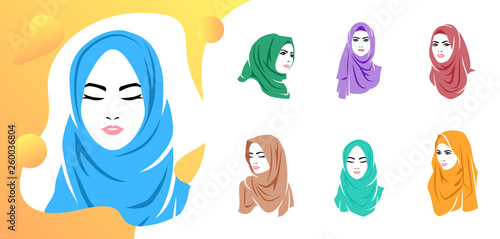 Set of beautiful woman wearing colorful hijab icon, hijab logo isolated
