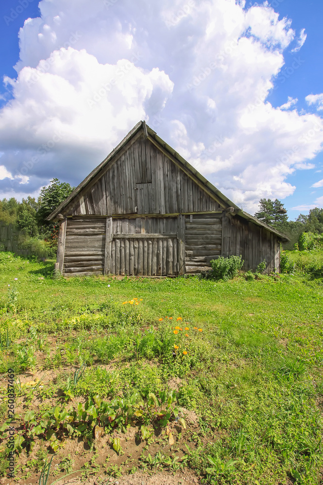 Summer landscape in the countryside in Latvia, East Europe. Old wooden shed Summer landscape in the countryside in Latvia, East Europe. Old wooden shed