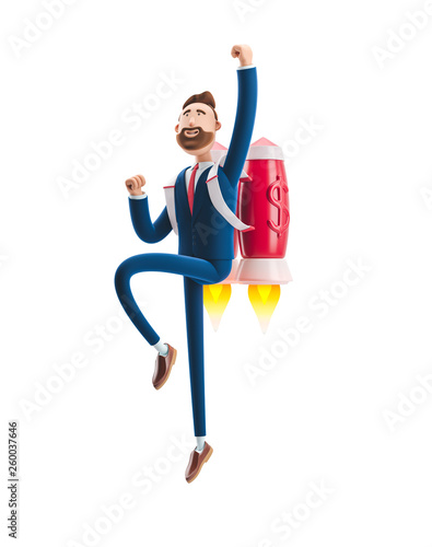3d illustration. Businessman Billy flying on a rocket Jetpack up. Concept of business startup, launching of a new company.
