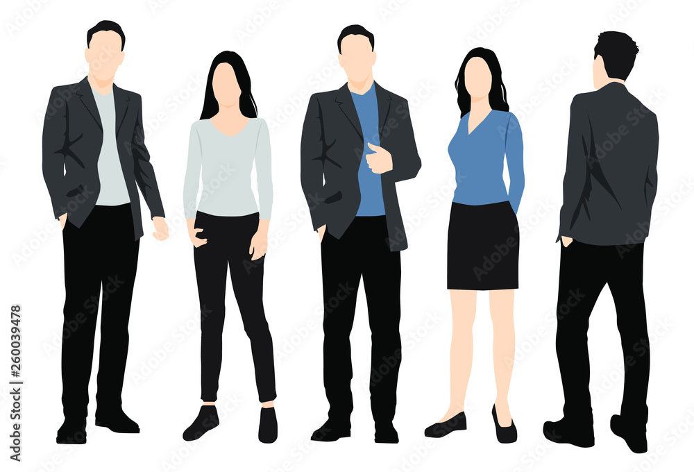 Fototapeta premium Set of silhouettes of men and women standing in different poses, cartoon character, group of business people, vector illustration, flat designe icon, multicolored isolated on white 