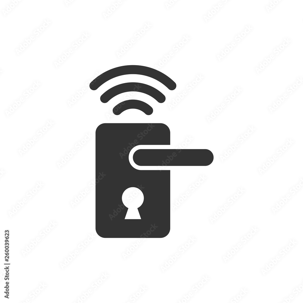 Wireless door lock sign icon in flat style. Smart home vector illustration on white isolated background. Remote system business concept. Wireless door lock sign icon in flat style. Smart home vector illustration on white isolated background. Remote system business concept.