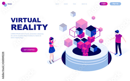 Modern flat design isometric concept of Virtual Augmented Reality decorated people character for website and mobile website development. Isometric landing page template. Vector illustration.