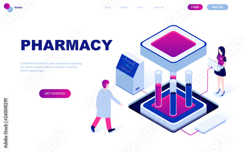 Modern flat design isometric concept of Pharmacist in Pharmacy decorated people character for website and mobile website development. Isometric landing page template. Vector illustration.