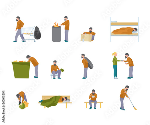 Homeless man flat illustration set