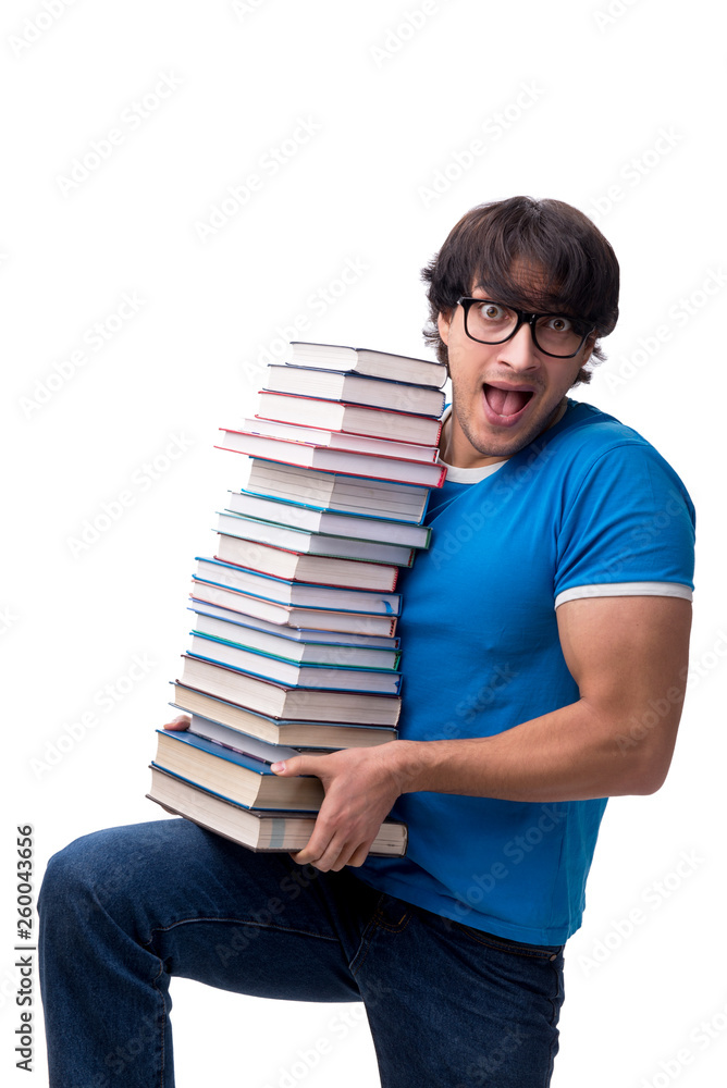 Male student with many books isolated on white Male student with many books isolated on white