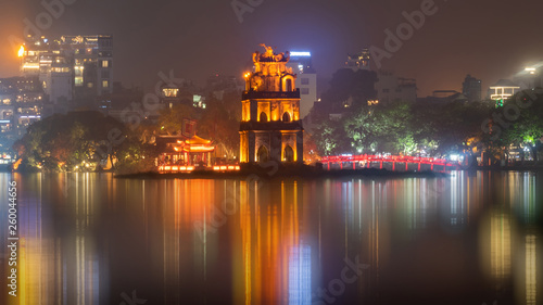 Hanoi Hoan Kiem Lake and Turtle Tower in the center of Hanoi, the capital city of Vietnam also know as Lake of the Returned Sword in historical of Vietnam