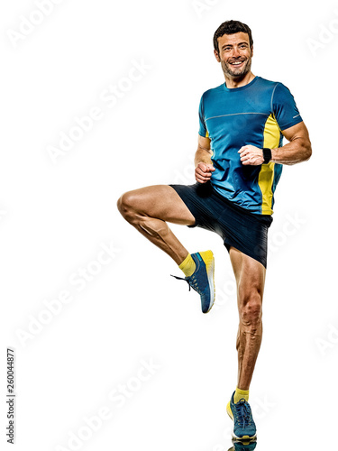 one caucasian handsome mature man running runner jogging jogger isolated on white background © snaptitude