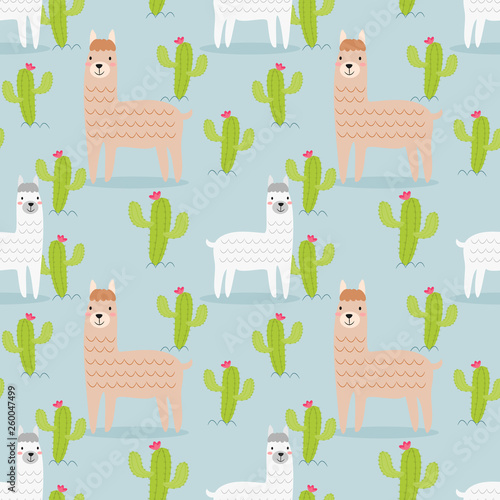 Cute alpaca and cactus seamless pattern.