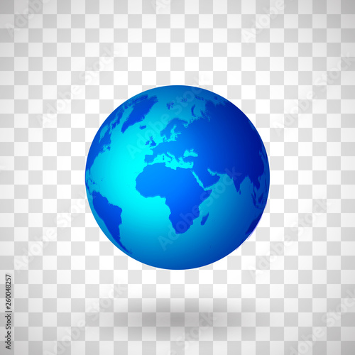 Blue Planet Earth on transparent background. Isolated object with shadow.